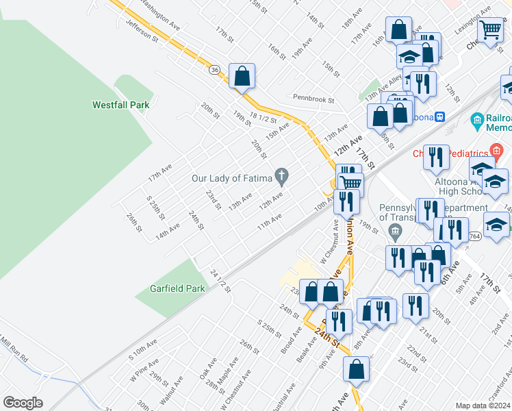 map of restaurants, bars, coffee shops, grocery stores, and more near 2108 12th Avenue in Altoona