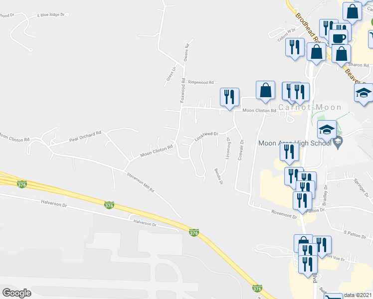 map of restaurants, bars, coffee shops, grocery stores, and more near 134 Lockheed Drive in Coraopolis