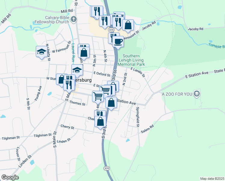 map of restaurants, bars, coffee shops, grocery stores, and more near 238 East State Street in Coopersburg