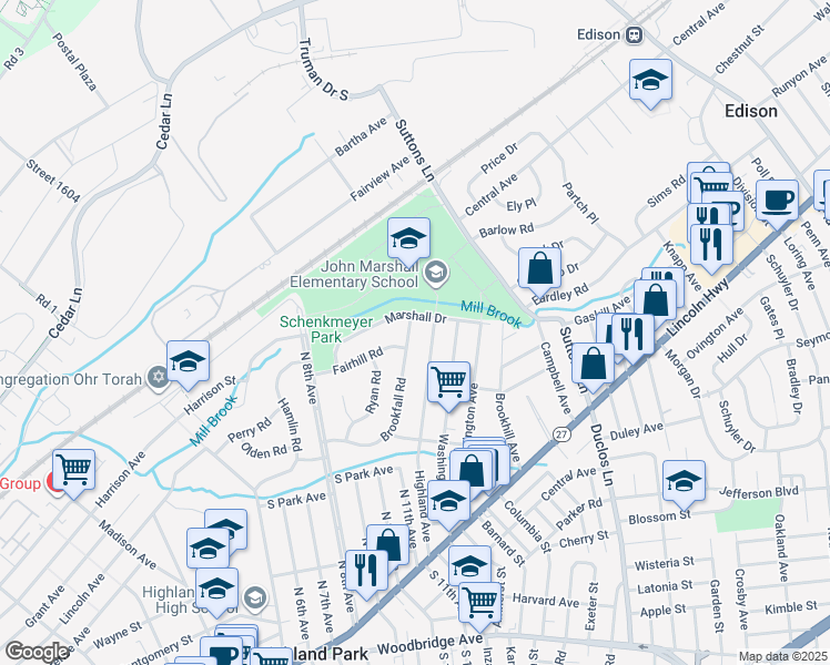 map of restaurants, bars, coffee shops, grocery stores, and more near 45 Brookfall Road in Edison