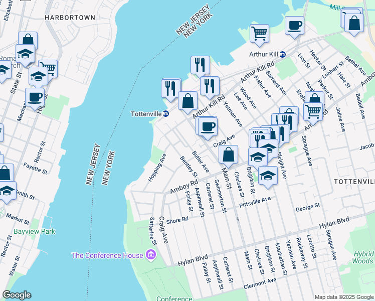 map of restaurants, bars, coffee shops, grocery stores, and more near 160 Butler Avenue in Staten Island