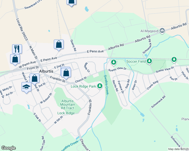 map of restaurants, bars, coffee shops, grocery stores, and more near 214 Church Street in Alburtis