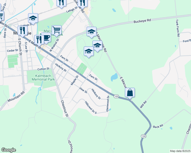 map of restaurants, bars, coffee shops, grocery stores, and more near 823 Fern Street in Macungie