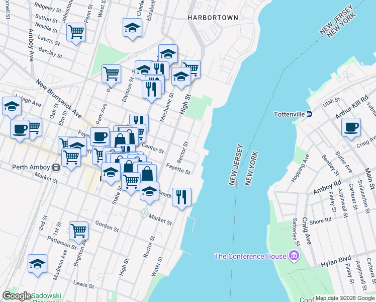 map of restaurants, bars, coffee shops, grocery stores, and more near 368 Rector Street in Perth Amboy