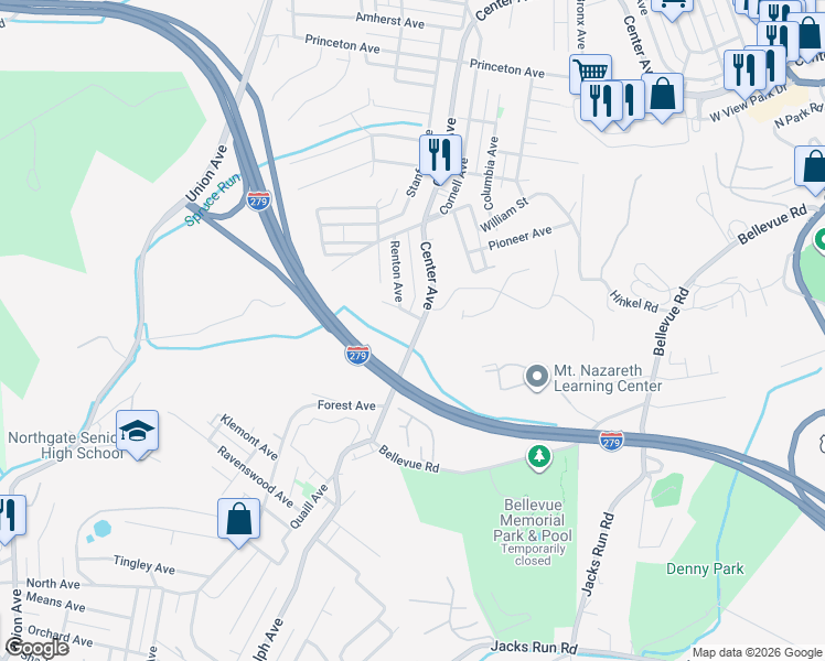 map of restaurants, bars, coffee shops, grocery stores, and more near 2 Oakridge Avenue in Pittsburgh