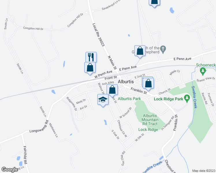 map of restaurants, bars, coffee shops, grocery stores, and more near 103 West 2nd Street in Alburtis