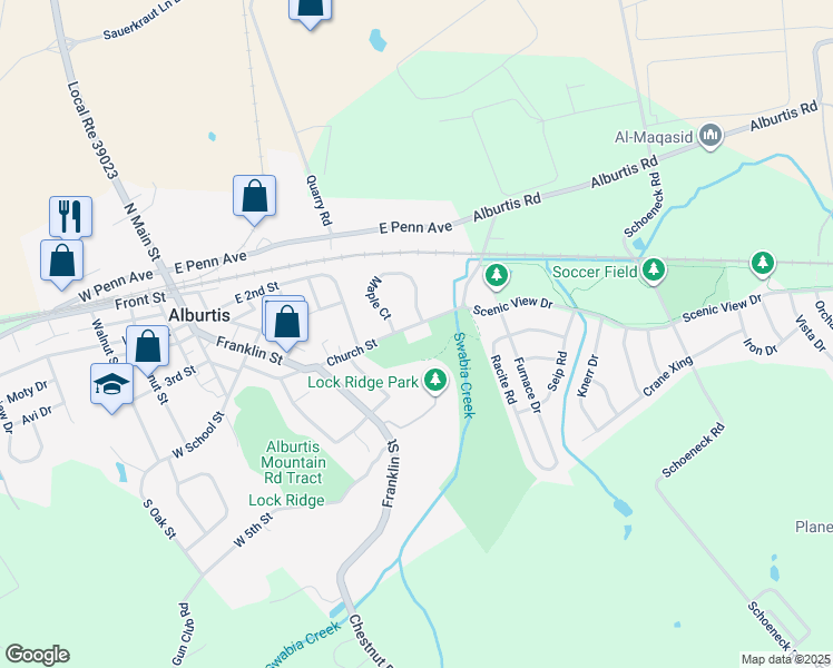 map of restaurants, bars, coffee shops, grocery stores, and more near 216 Church Street in Alburtis