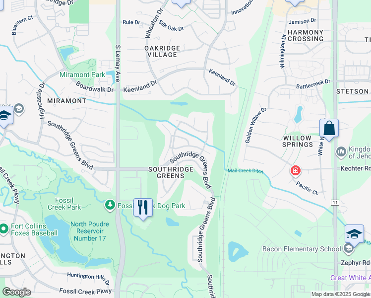 map of restaurants, bars, coffee shops, grocery stores, and more near 1424 Front Nine Drive in Fort Collins
