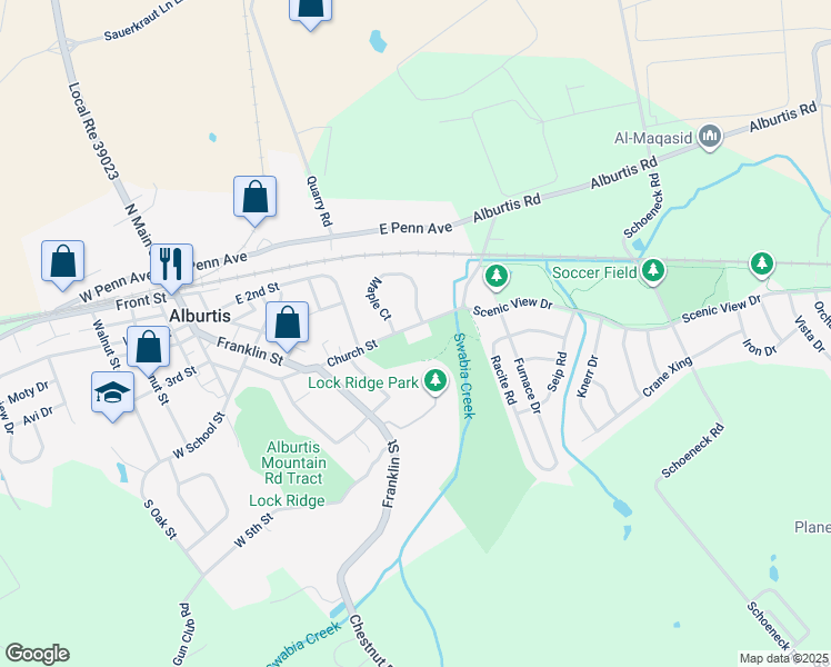 map of restaurants, bars, coffee shops, grocery stores, and more near 216 Church Street in Alburtis