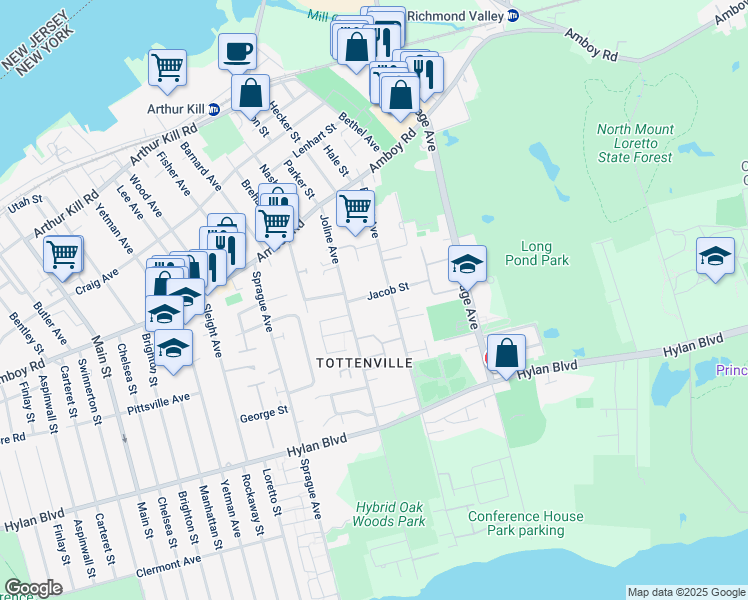 map of restaurants, bars, coffee shops, grocery stores, and more near 30 Jacob Street in Staten Island