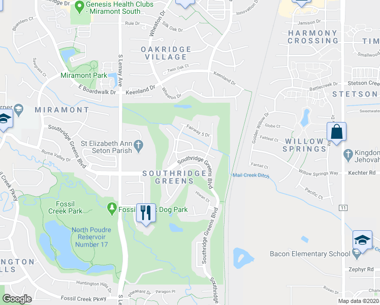map of restaurants, bars, coffee shops, grocery stores, and more near 1424 Front Nine Drive in Fort Collins