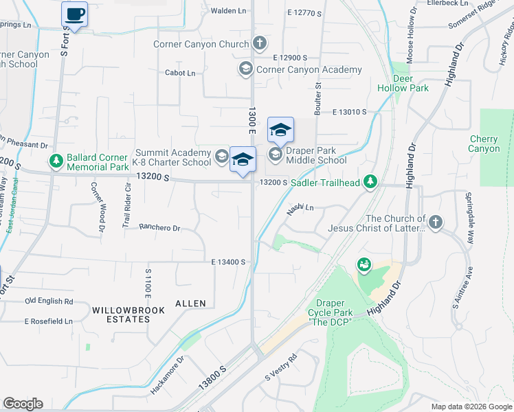 map of restaurants, bars, coffee shops, grocery stores, and more near 13256 South 1300 East in Draper