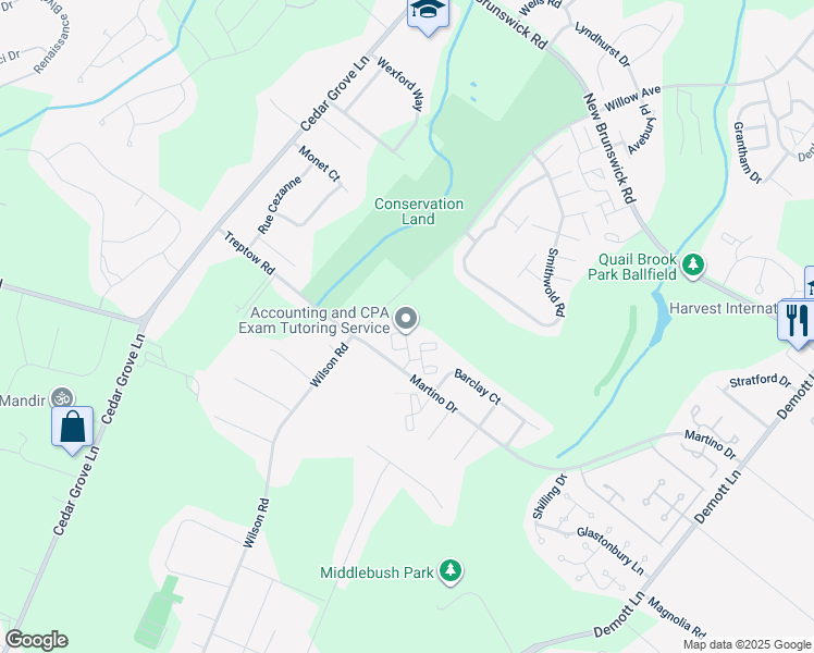 map of restaurants, bars, coffee shops, grocery stores, and more near 22 Steeplechase Court in Franklin Township