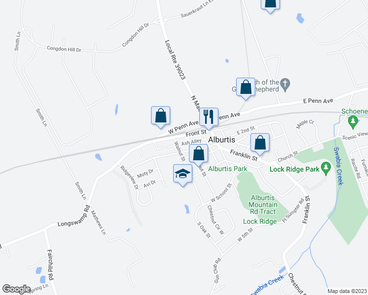 map of restaurants, bars, coffee shops, grocery stores, and more near 121 West 2nd Street in Alburtis