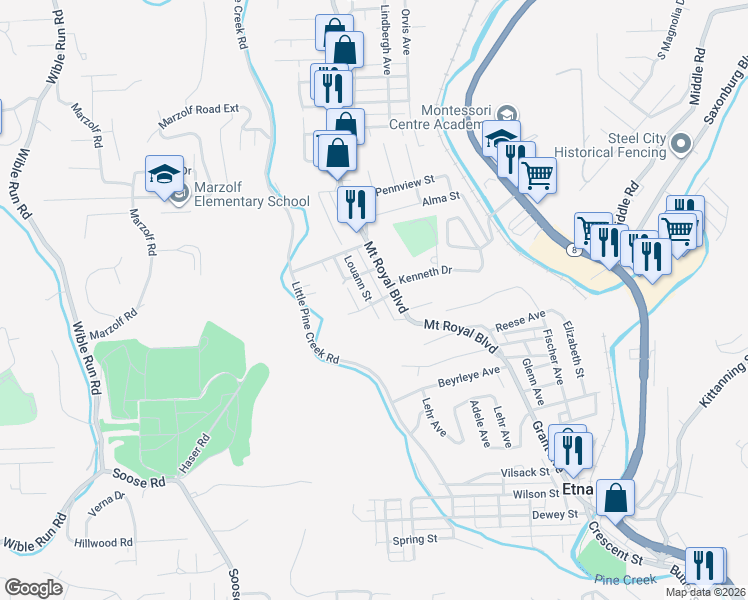 map of restaurants, bars, coffee shops, grocery stores, and more near 400 Louann Street in Pittsburgh