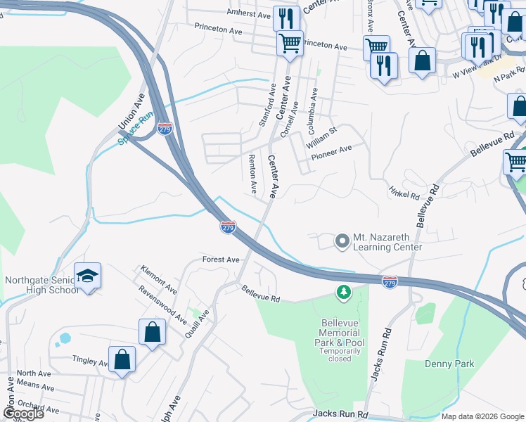 map of restaurants, bars, coffee shops, grocery stores, and more near 2 Oakridge Avenue in Pittsburgh