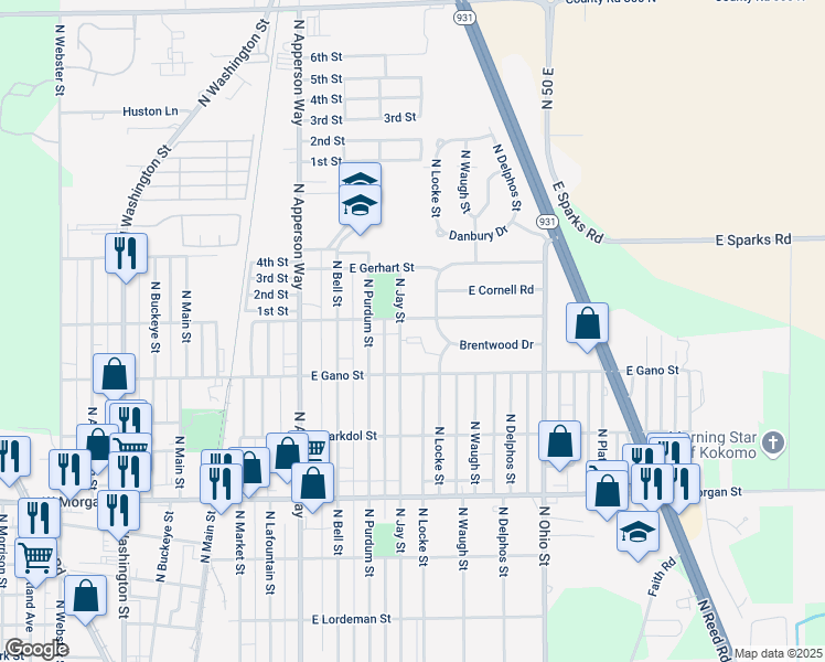 map of restaurants, bars, coffee shops, grocery stores, and more near 2438 North Jay Street in Kokomo