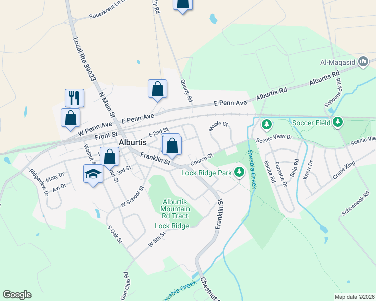 map of restaurants, bars, coffee shops, grocery stores, and more near 21 Church St in Alburtis