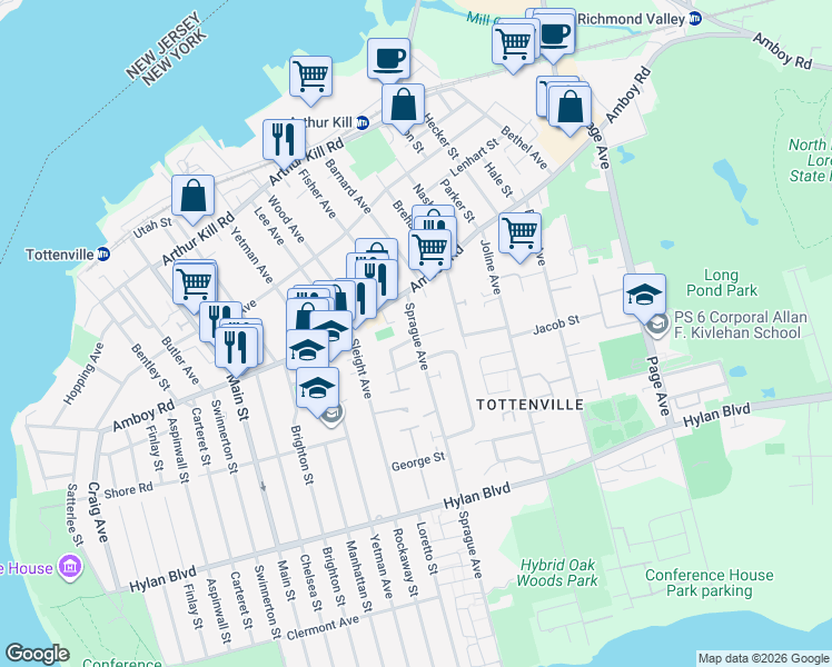 map of restaurants, bars, coffee shops, grocery stores, and more near 36 Sprague Avenue in Staten Island