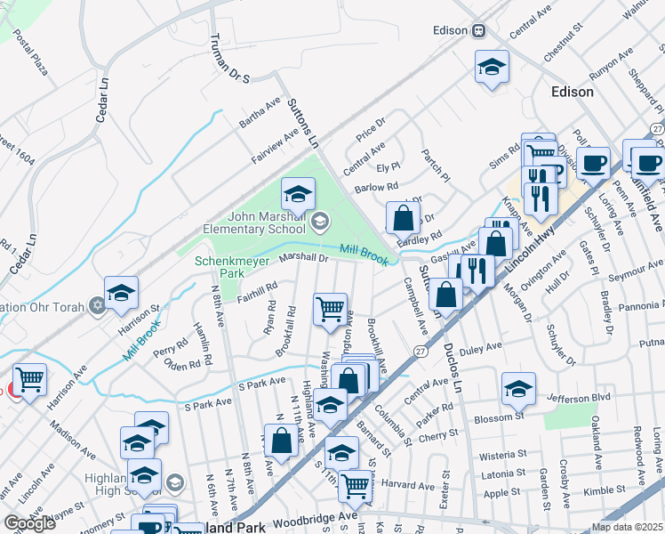 map of restaurants, bars, coffee shops, grocery stores, and more near 226 Washington Avenue in Edison