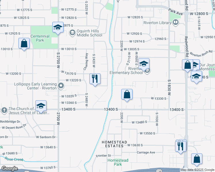 map of restaurants, bars, coffee shops, grocery stores, and more near 13160 South Meadow Way in Riverton