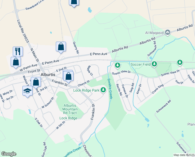 map of restaurants, bars, coffee shops, grocery stores, and more near 214 Church Street in Alburtis