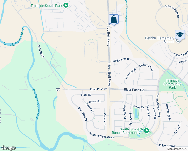 map of restaurants, bars, coffee shops, grocery stores, and more near 5409 Three Bell Parkway in Fort Collins