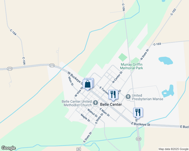 map of restaurants, bars, coffee shops, grocery stores, and more near 205 West Vine Street in Belle Center
