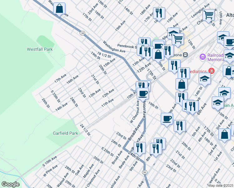 map of restaurants, bars, coffee shops, grocery stores, and more near 2006 11th Avenue in Altoona
