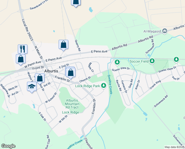 map of restaurants, bars, coffee shops, grocery stores, and more near 190 Maple Court in Alburtis