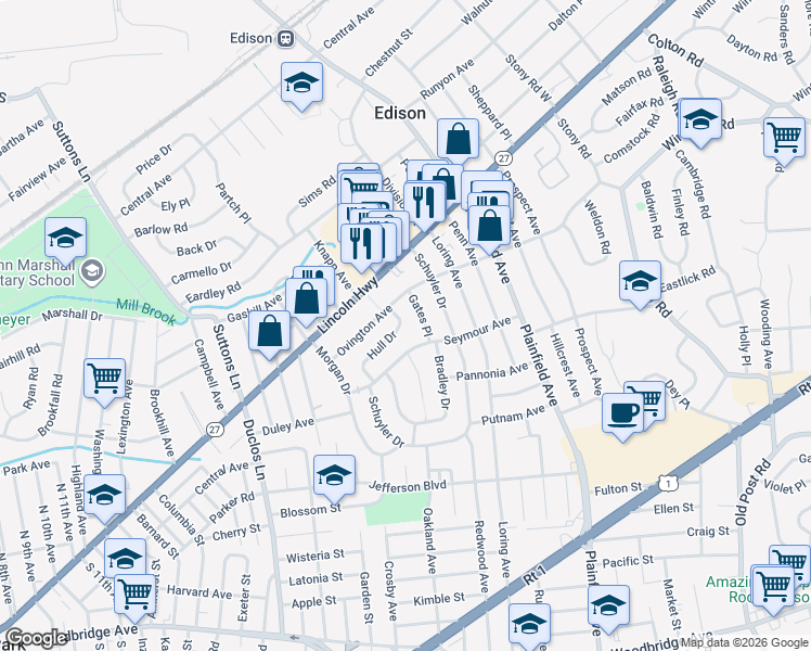 map of restaurants, bars, coffee shops, grocery stores, and more near 25 Hull Drive in Edison