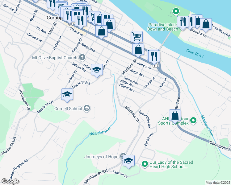 map of restaurants, bars, coffee shops, grocery stores, and more near 1013 Montour Street Extension in Coraopolis