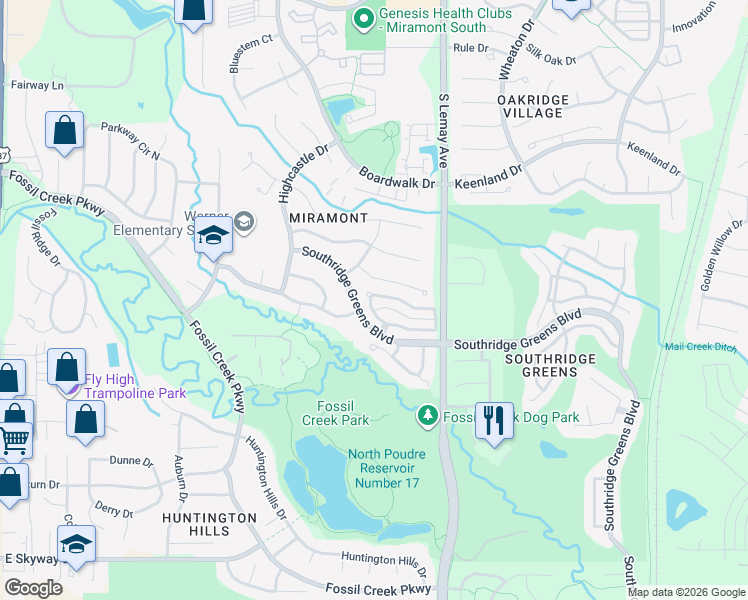 map of restaurants, bars, coffee shops, grocery stores, and more near 950 Southridge Greens Boulevard in Fort Collins