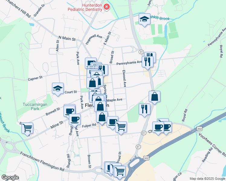 map of restaurants, bars, coffee shops, grocery stores, and more near 73 Broad Street in Flemington