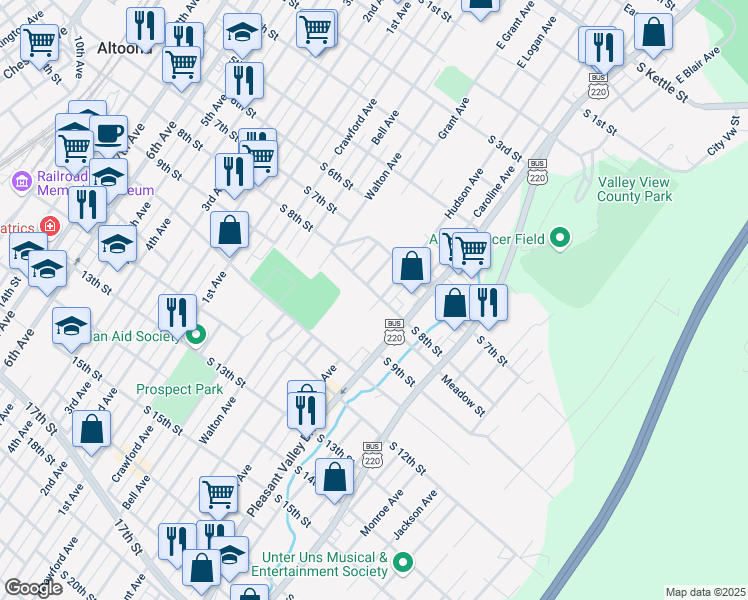 map of restaurants, bars, coffee shops, grocery stores, and more near 613 South 8th Street in Altoona