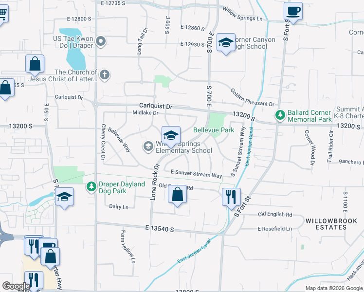 map of restaurants, bars, coffee shops, grocery stores, and more near 13520 South Lone Rock Drive in Draper