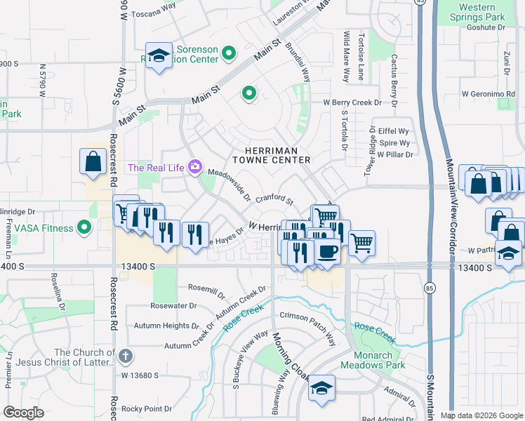 map of restaurants, bars, coffee shops, grocery stores, and more near 5218 West Shady Park Lane in Herriman