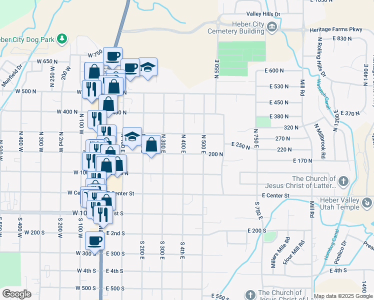 map of restaurants, bars, coffee shops, grocery stores, and more near 421 East 200 North in Heber City