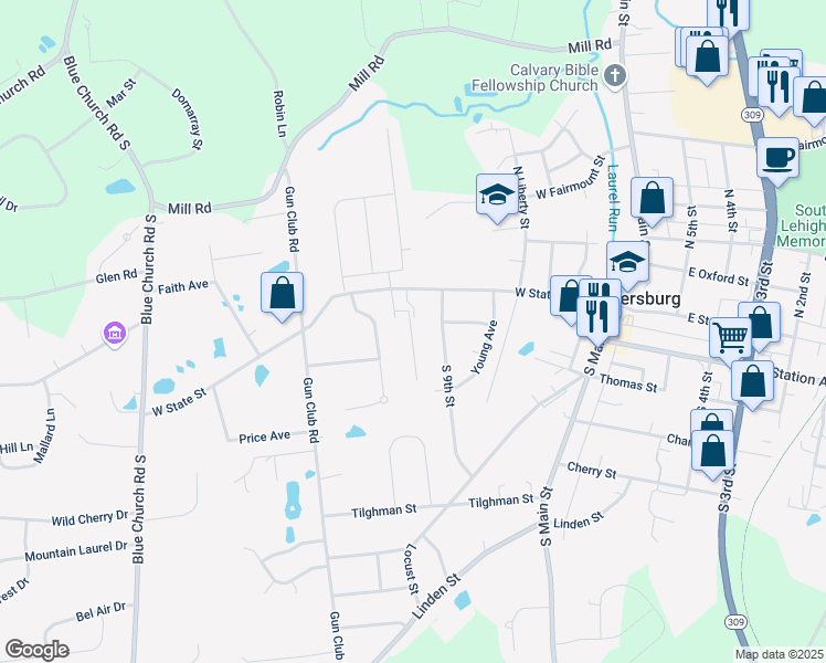 map of restaurants, bars, coffee shops, grocery stores, and more near 162 Ashford Drive in Coopersburg