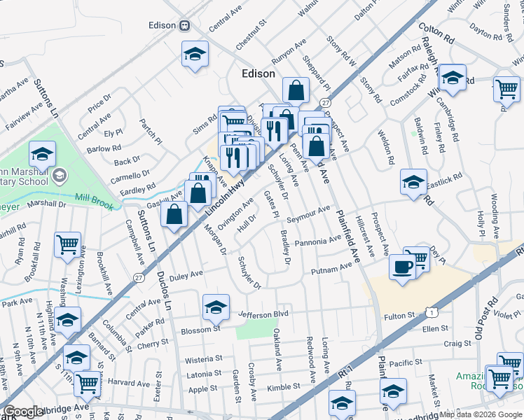 map of restaurants, bars, coffee shops, grocery stores, and more near 25 Hull Drive in Edison