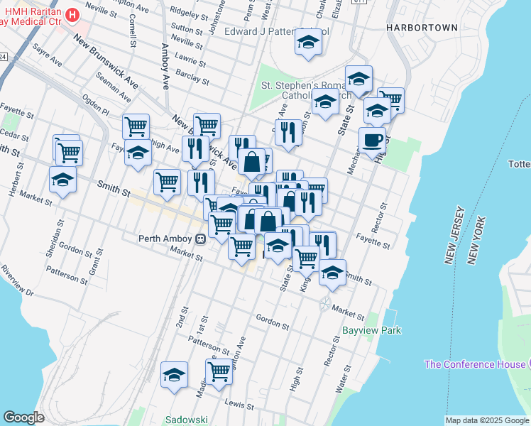 map of restaurants, bars, coffee shops, grocery stores, and more near 335 Madison Avenue in Perth Amboy