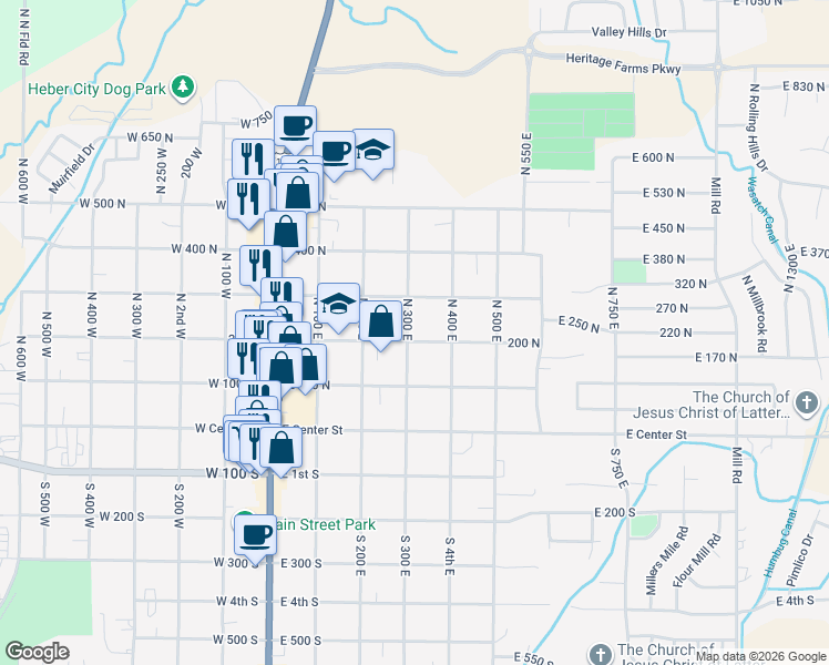 map of restaurants, bars, coffee shops, grocery stores, and more near 315 East 200 North in Heber City