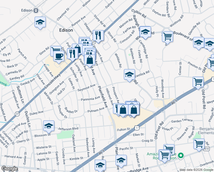 map of restaurants, bars, coffee shops, grocery stores, and more near 72 Seymour Avenue in Edison