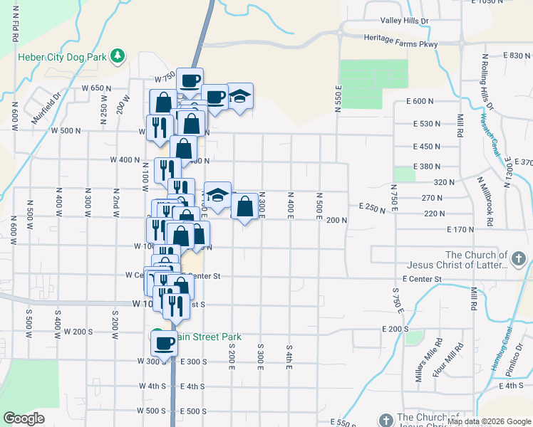 map of restaurants, bars, coffee shops, grocery stores, and more near 315 East 200 North in Heber City