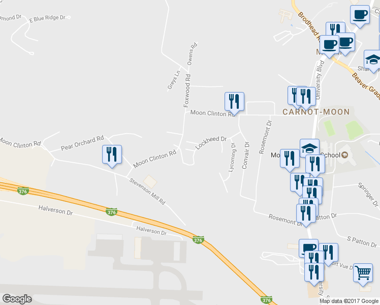 map of restaurants, bars, coffee shops, grocery stores, and more near 203 Ascot Court in Coraopolis