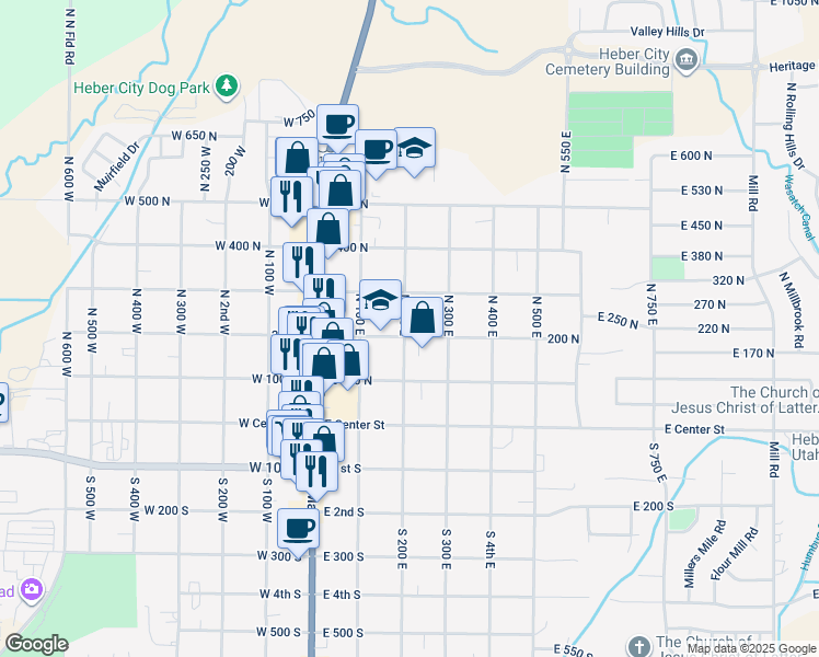map of restaurants, bars, coffee shops, grocery stores, and more near 212 North 200 East in Heber City