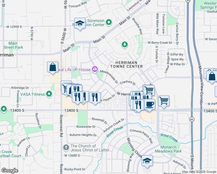 map of restaurants, bars, coffee shops, grocery stores, and more near 13287 South Herriman Rose Boulevard in Herriman