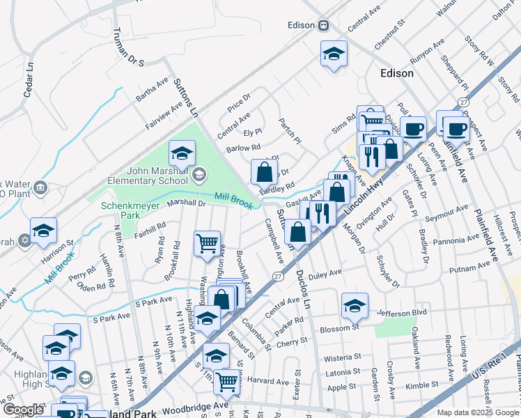 map of restaurants, bars, coffee shops, grocery stores, and more near 274 Suttons Lane in Edison
