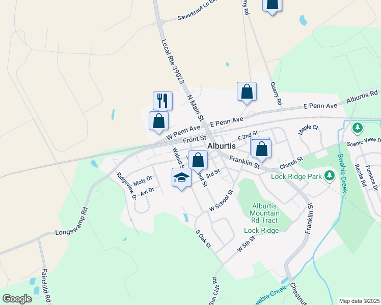 map of restaurants, bars, coffee shops, grocery stores, and more near 115 West 2nd Street in Alburtis
