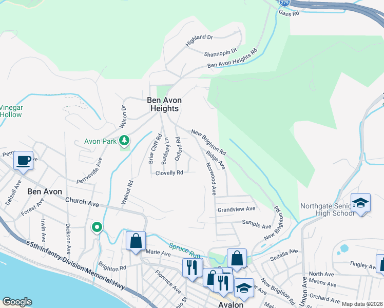 map of restaurants, bars, coffee shops, grocery stores, and more near 17 Oxford Road in Pittsburgh